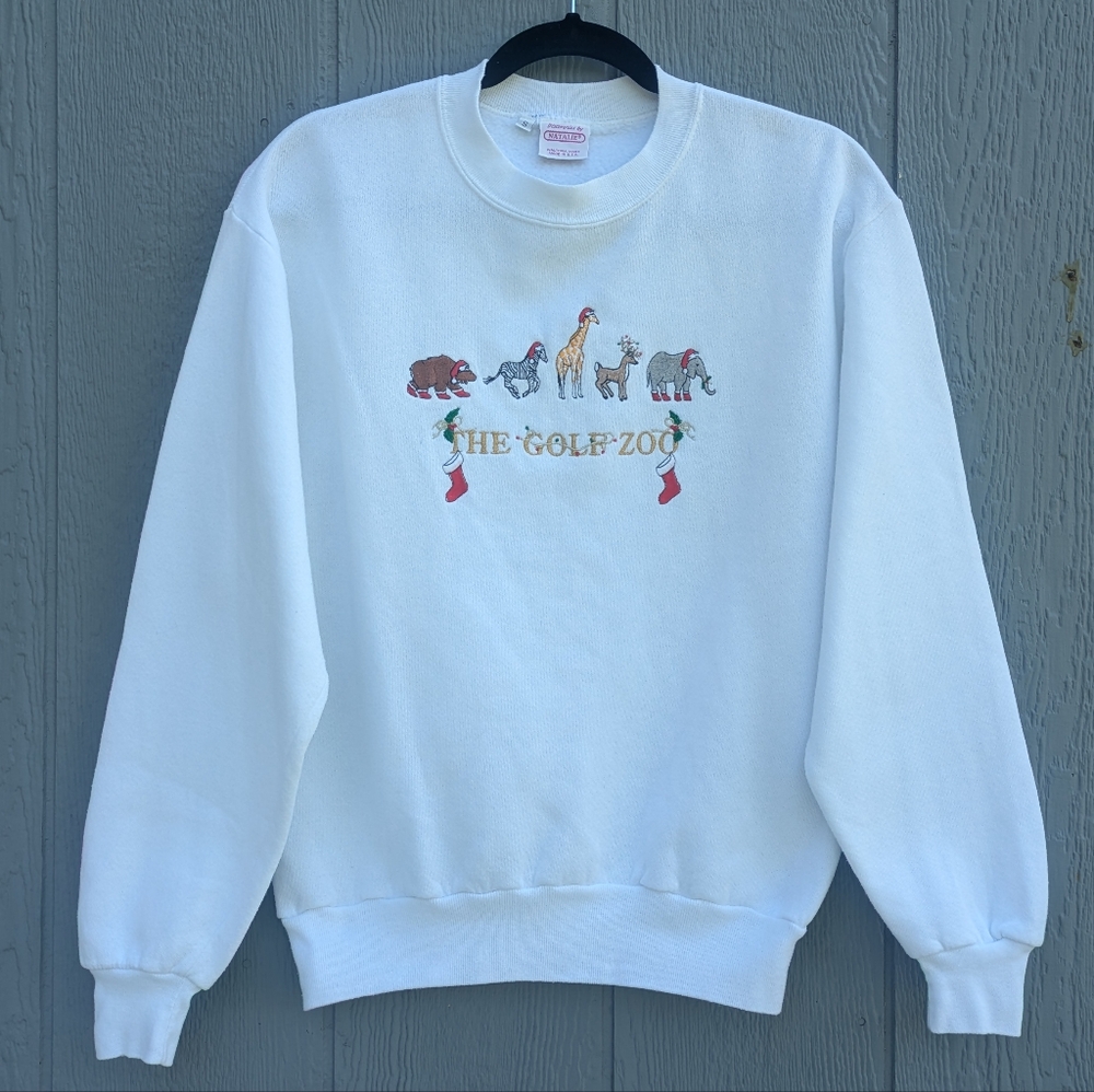 Vintage Christmas Golf‎ Zoo Pullover Sweatshirt Small White
